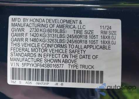 2025 Honda Ridgeline Trailsport from USA, damaged, VIN 5FPYK3F64SB016577